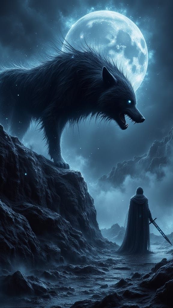 Fenrir Howling at Moon in Dark Oil Paint Style