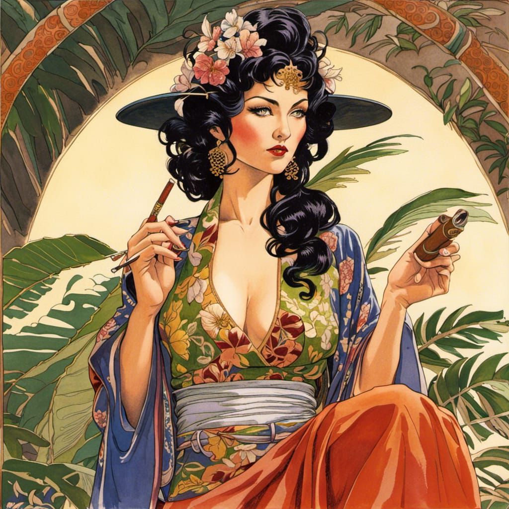 Beautiful Fairy Geisha Smoking Cigar, Manara Style