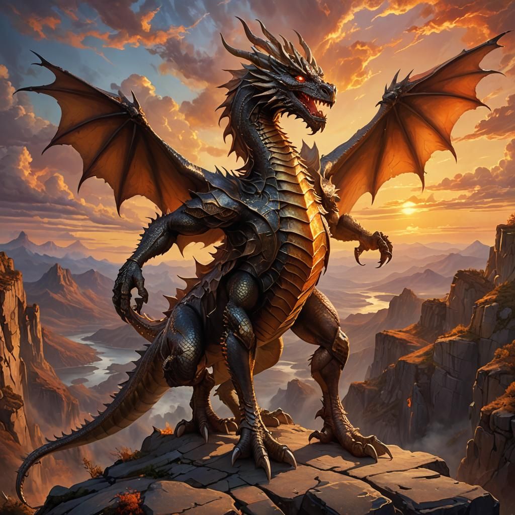 Metal Dragon on Cliffside at Sunset