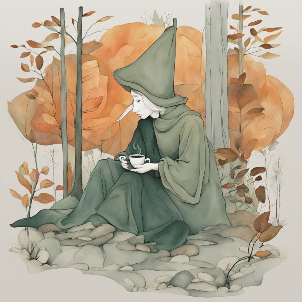 Moomin Contemplates Coffee in Surreal Forest Clearing