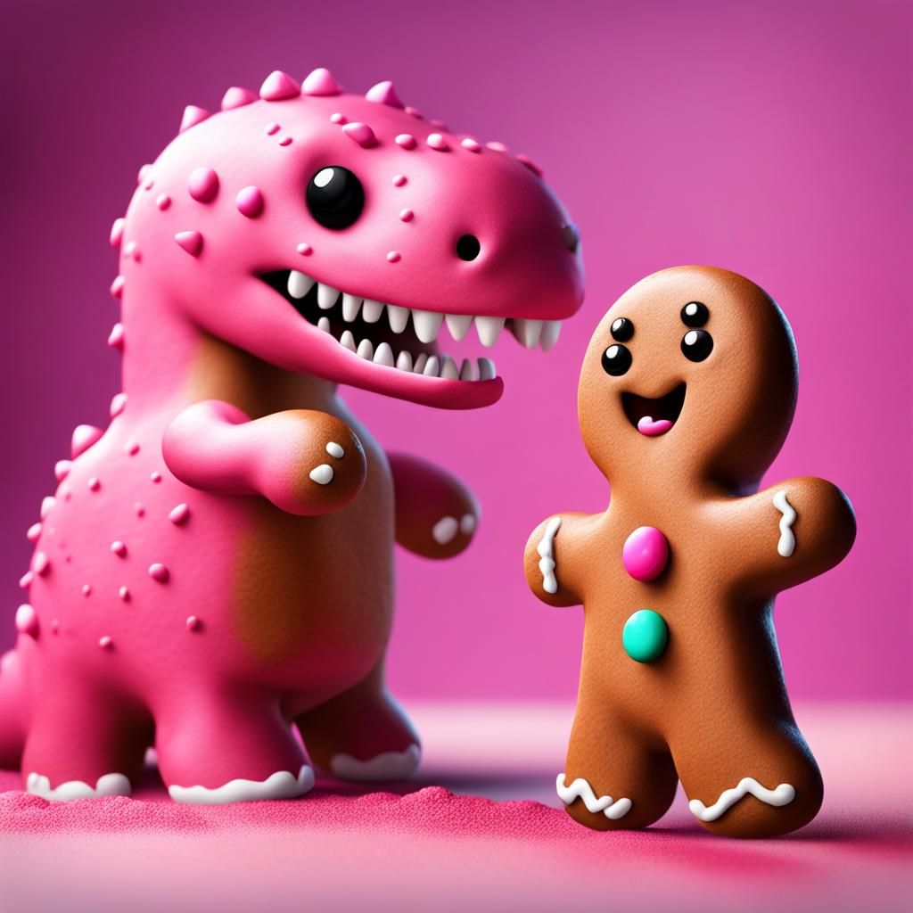 Gingerbread Man and Pink Dinosaur in Hyperrealistic Style