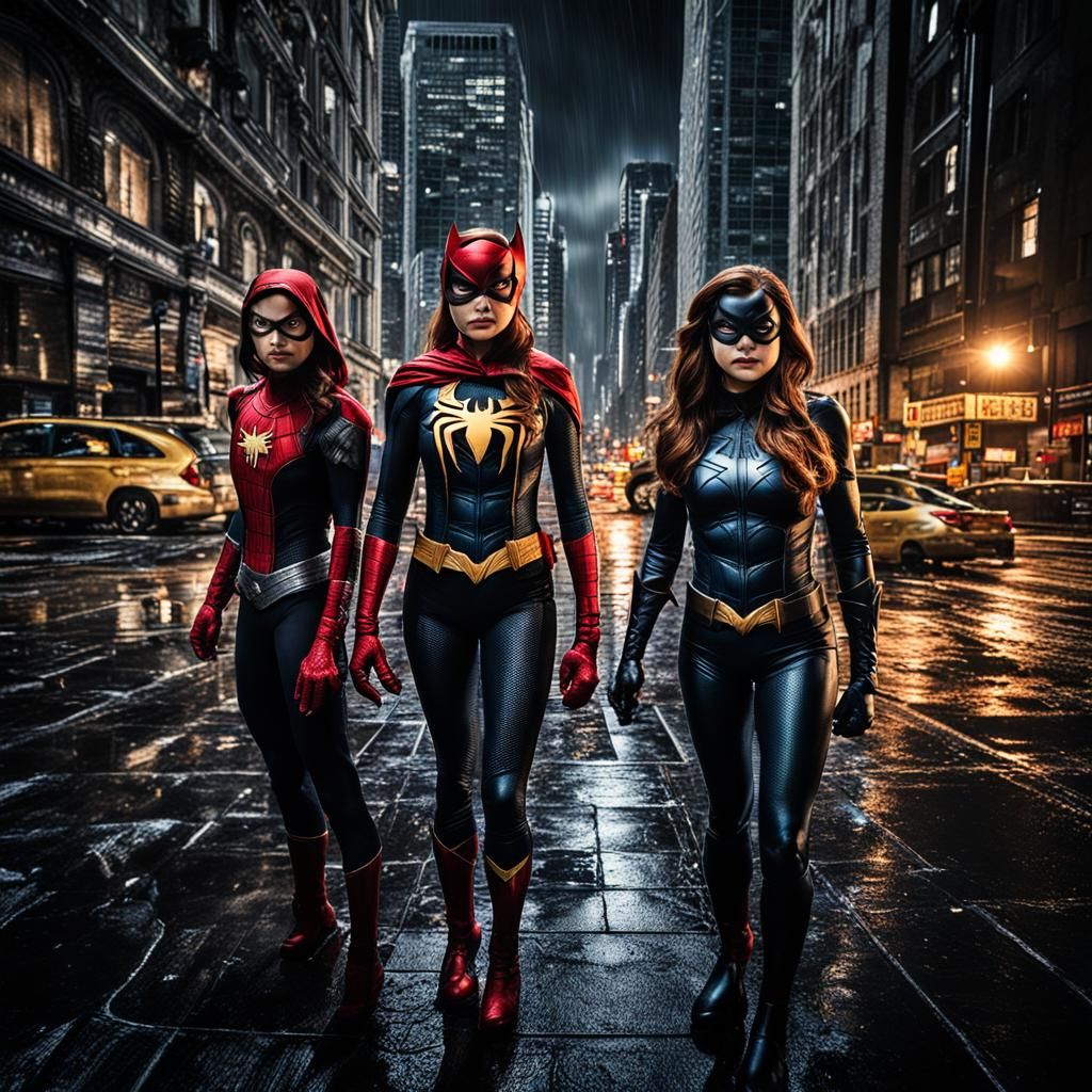 Spider-Woman and Batgirl in Dark Cityscape