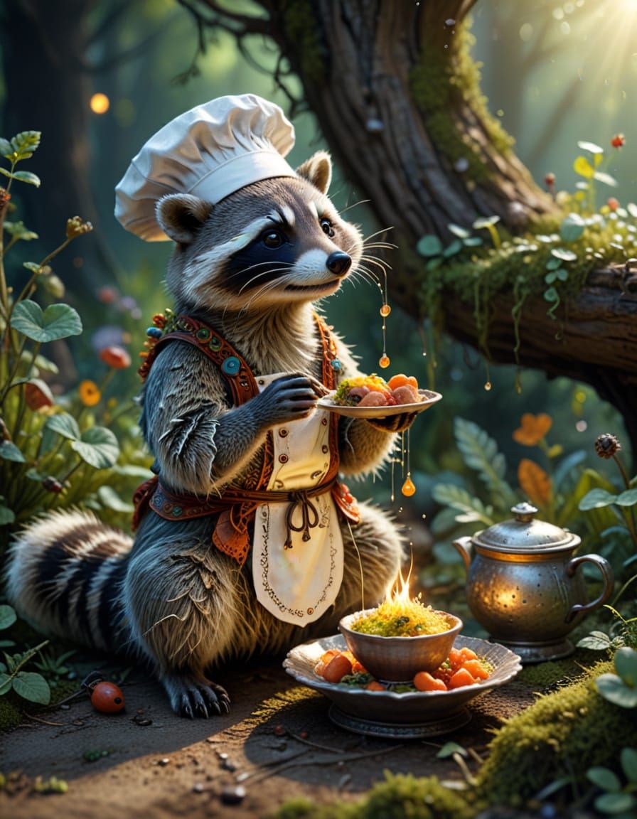 Whimsical Raccoon Chef Creates Food Art in Macro Fantasy Sce...