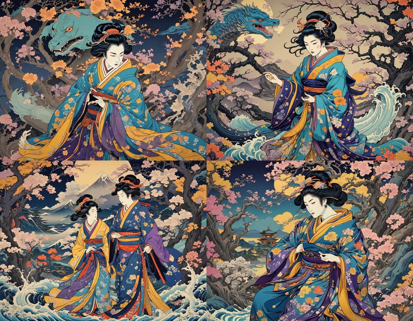 Ukiyo-e Masterpiece in Neon Blue, Purple, and Yellow