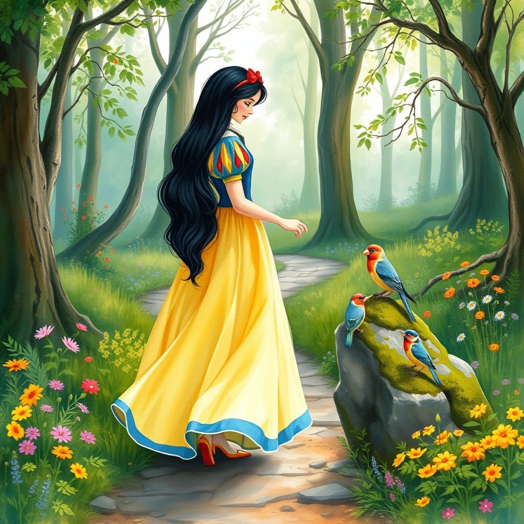 Whimsical Snow White in Enchanted Forest Landscape