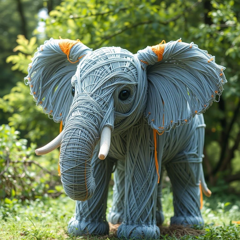 String Art Elephant Sculpture in Nature Scene