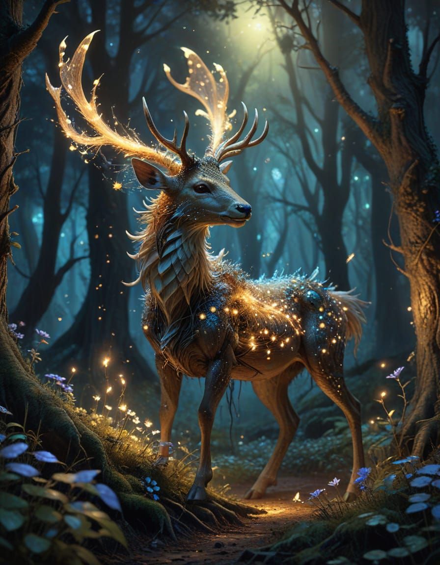 Majestic Deer-Dragon Hybrid in Enchanted Forest
