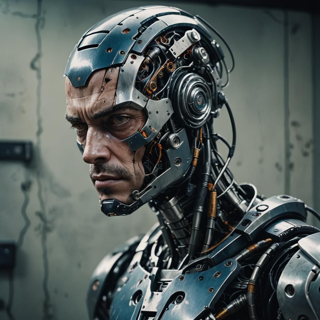 Sad Cyborg Robot Portrait in Cinematic Style