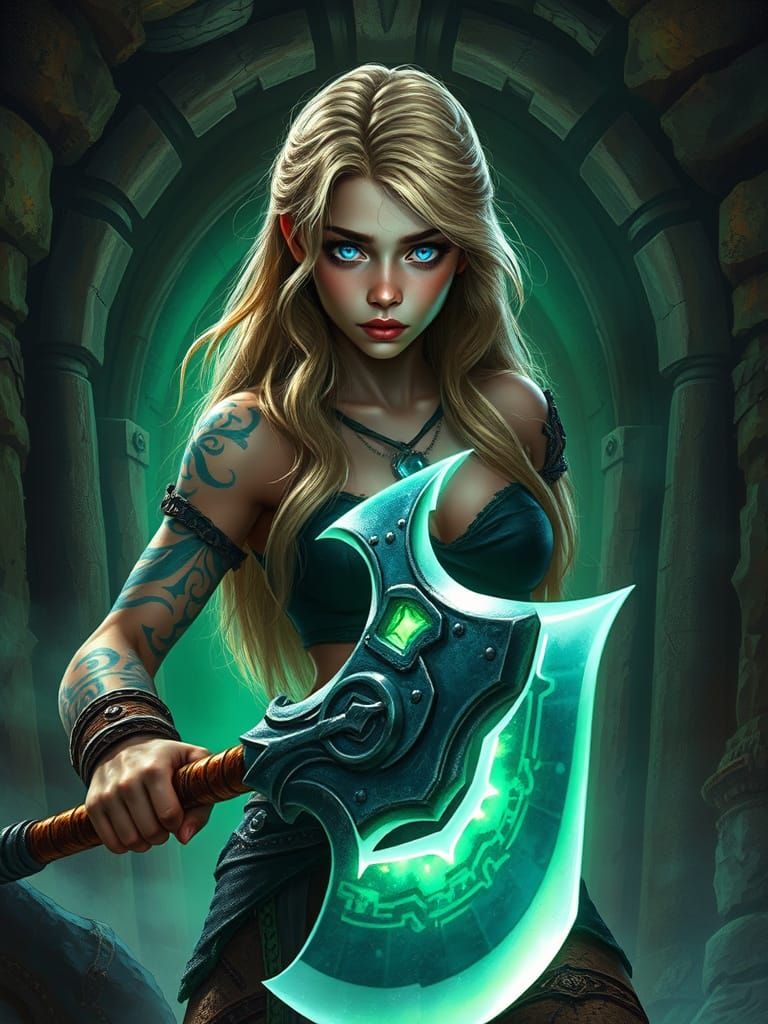 Distraught Barbarian Girl with Glowing Axe, Dark Fantasy Art