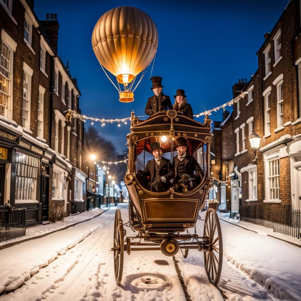 Steampunk Phileas Fogg's Winter Flight Over London