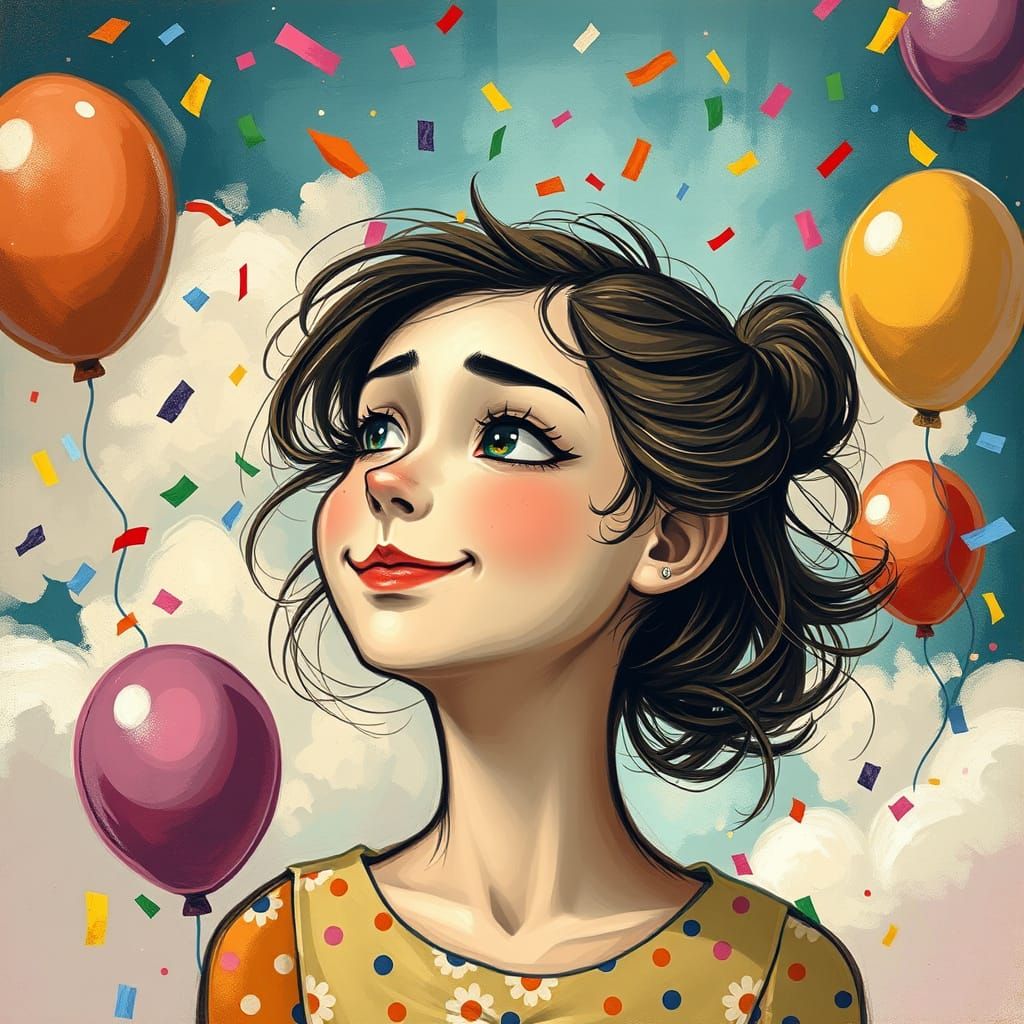 Whimsical Dreamlike Scene with Confetti and Balloons