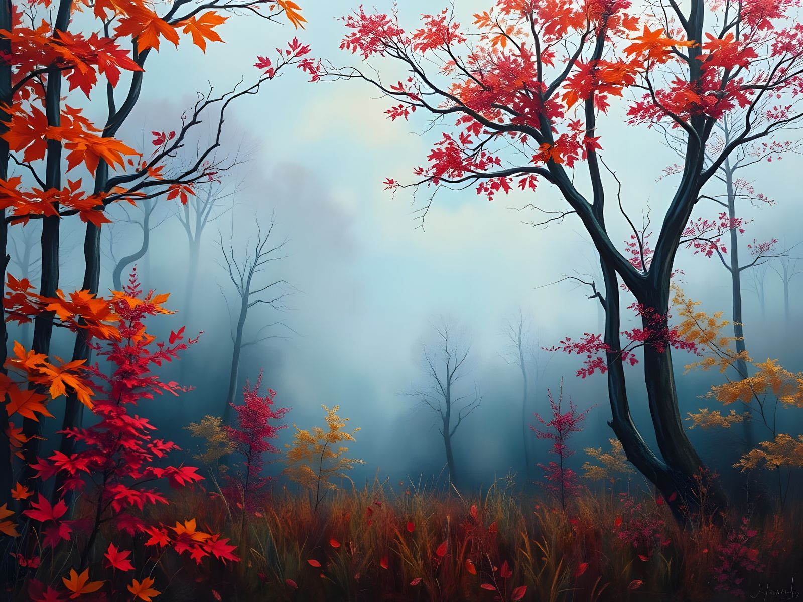 Vivid Autumn Forest Fog Scene in Impasto Style