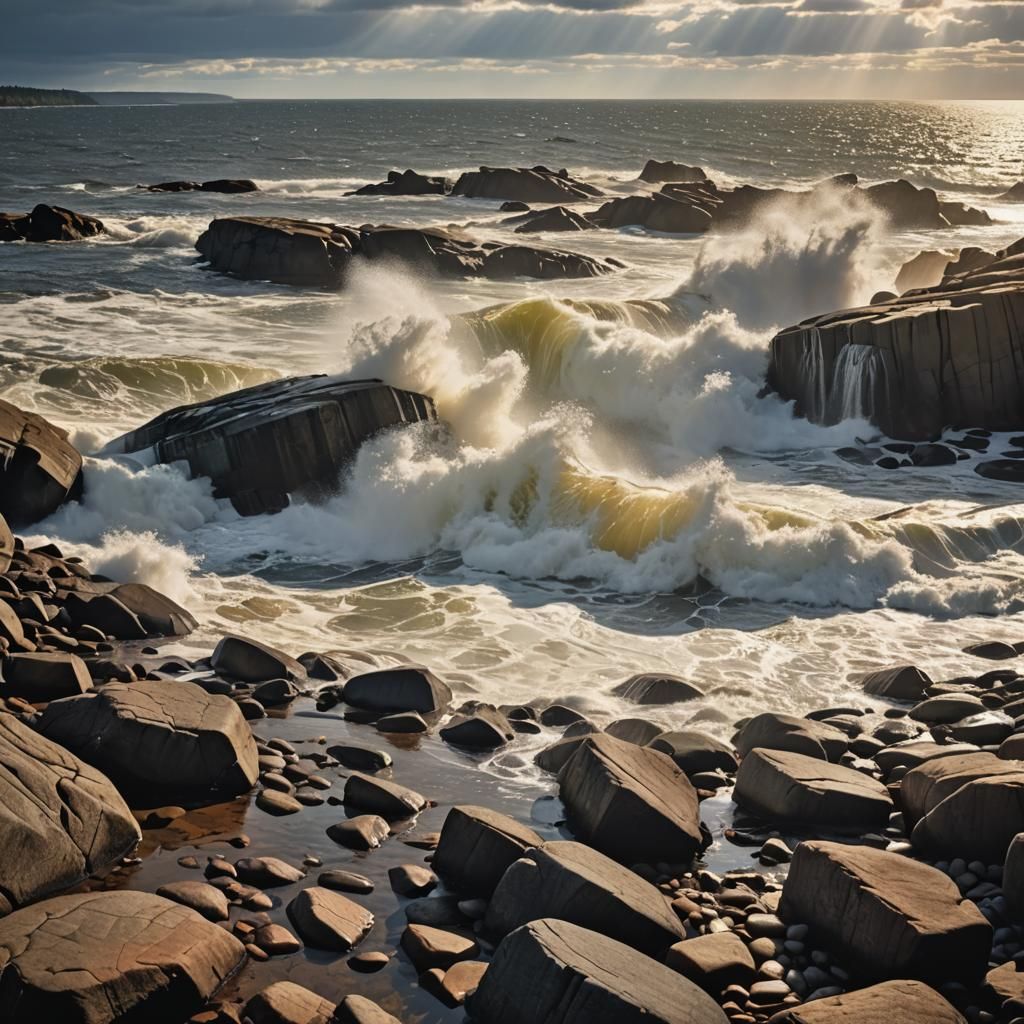 Ocean Waves Crashing on Rocky Shore at Sunrise