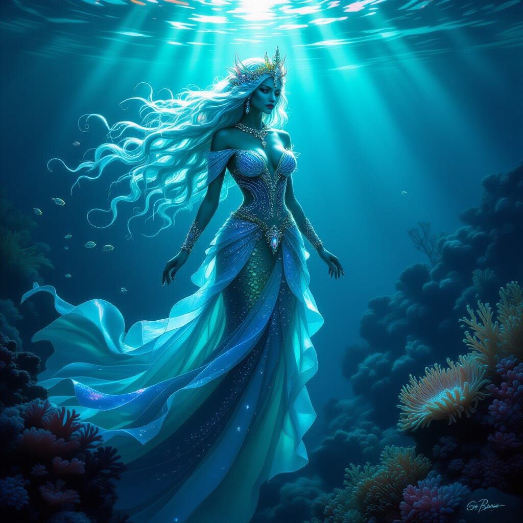 Regal Mermaid Emerges from Bioluminescent Reef