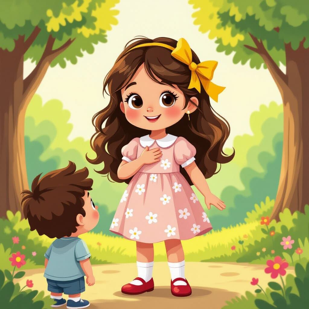 Cheerful Girl with Yellow Ribbon in Children's Book Style