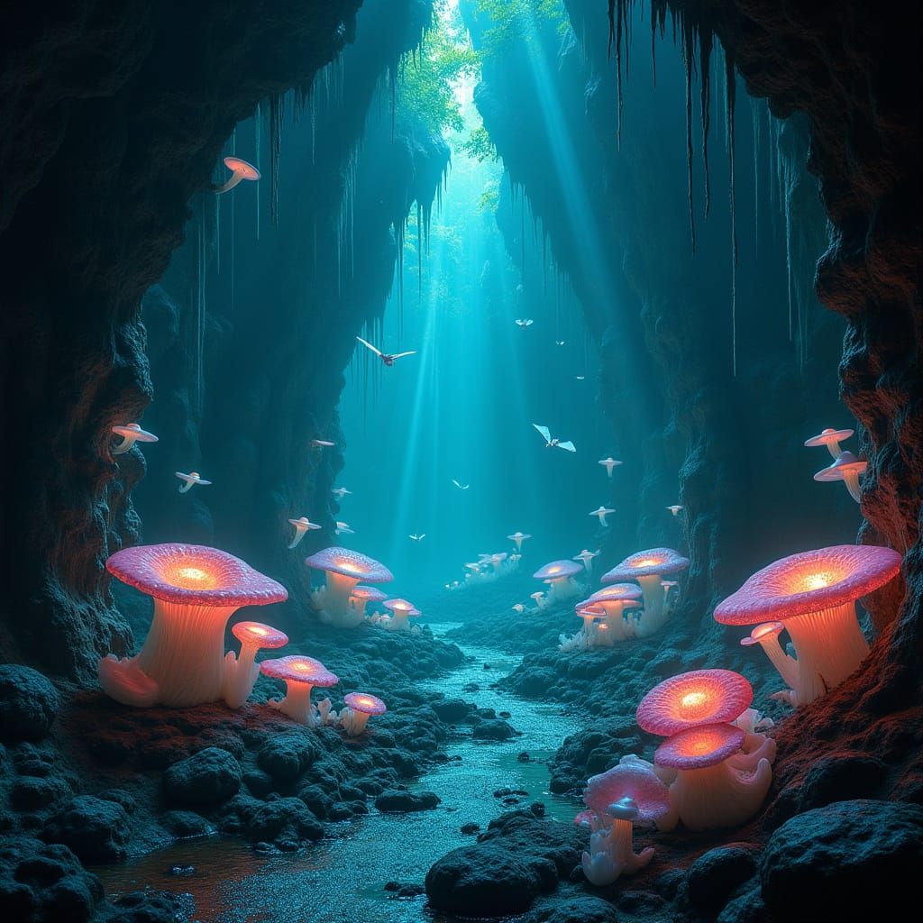 Bioluminescent Cave of Glowing Fungi and Iridescent Creature...