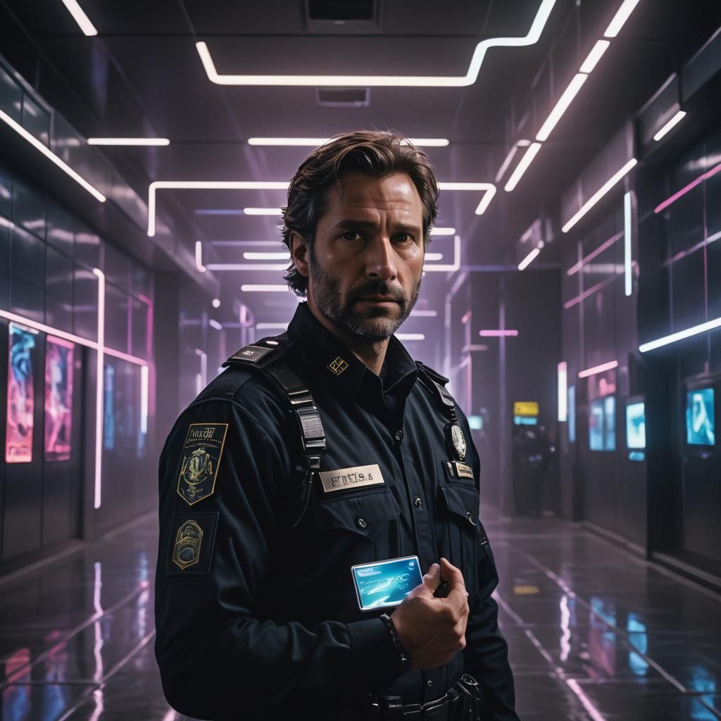 Futuristic Federal Police Officer in Neon Lit Corridor