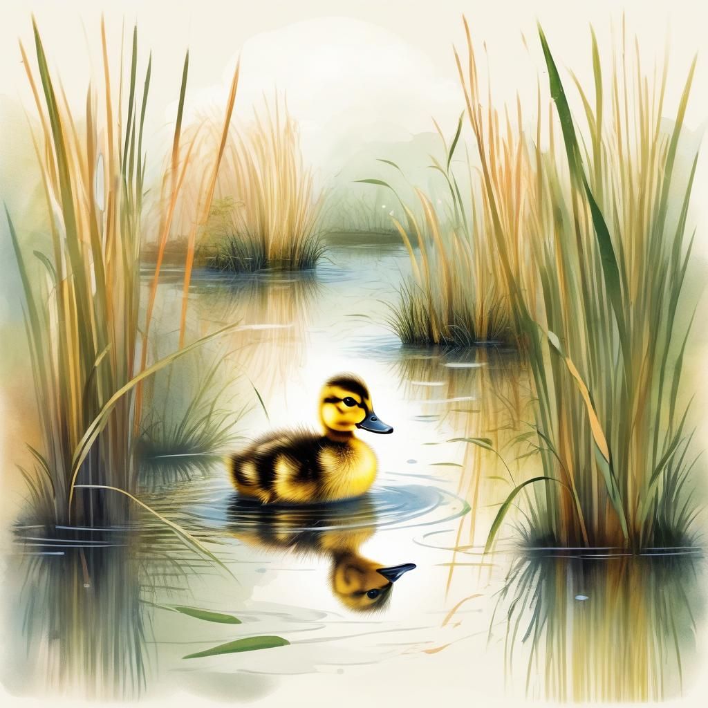 Duckling in Pond Among Reeds