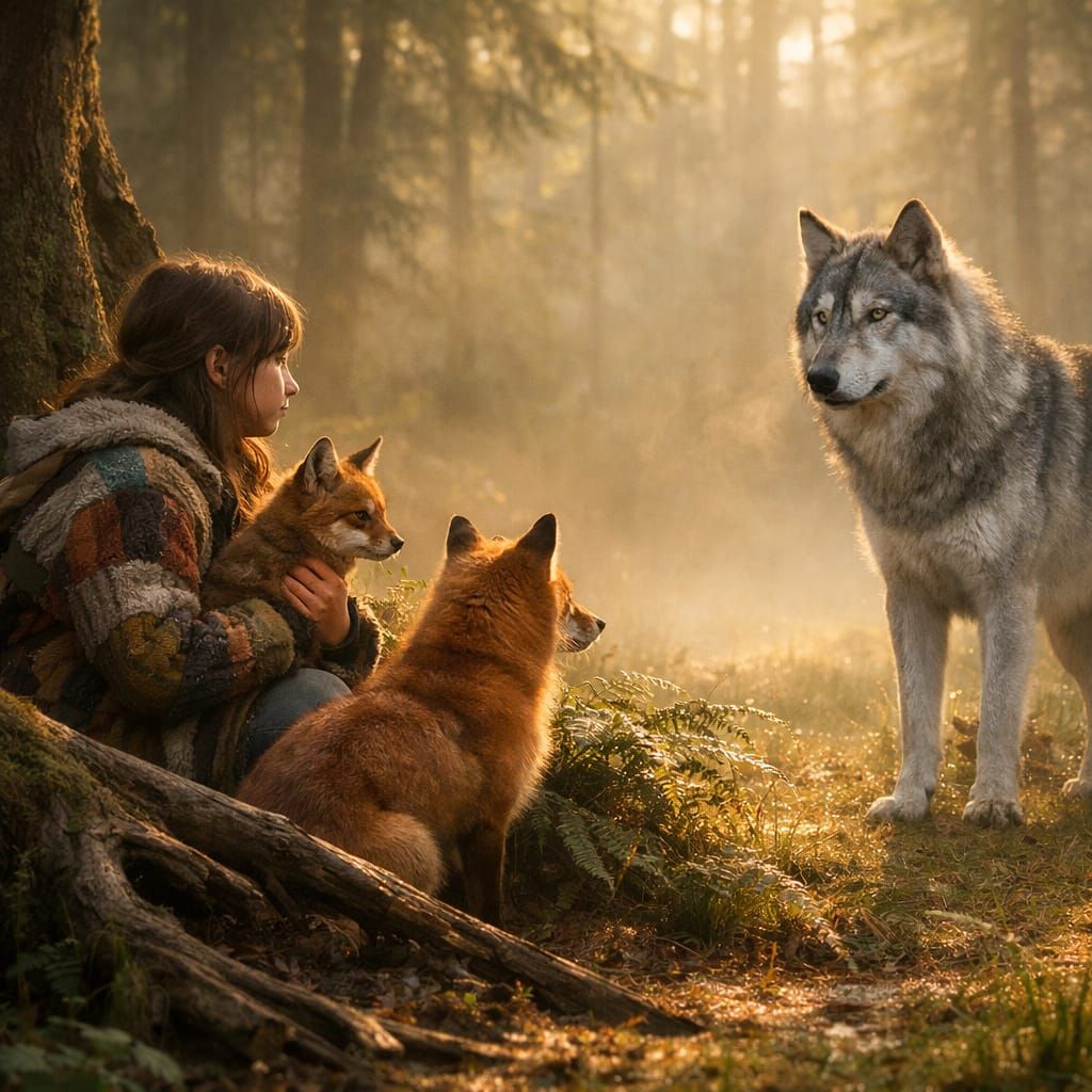 Misty Forest Clearing: Girl, Wolf, and Foxes at Dawn