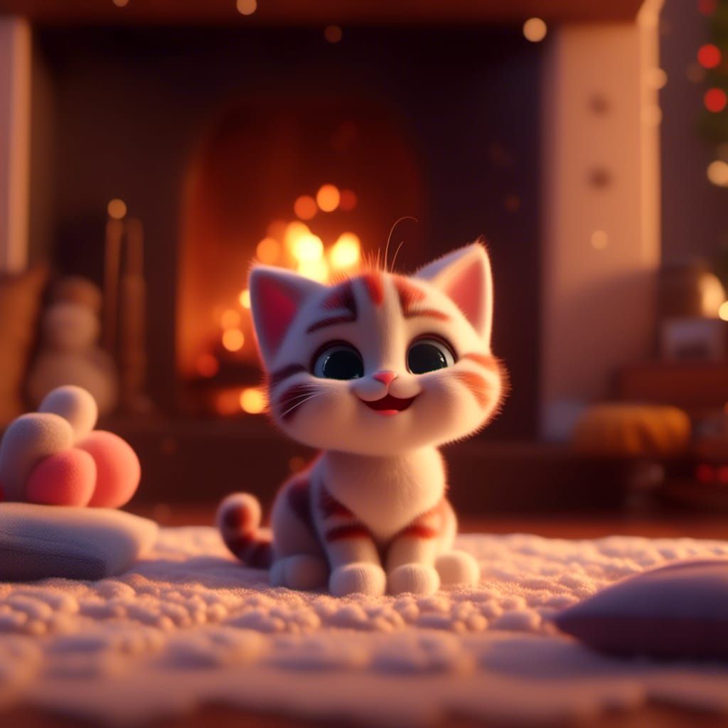Cute Kitten Snuggled by Fireplace in 3D Animation