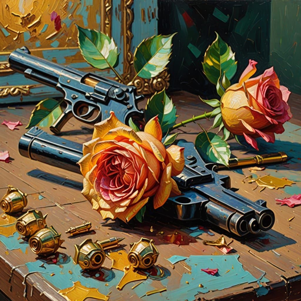 Rose, crown, pistol still life