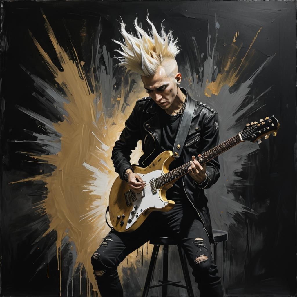 Grunge Punk Guitar Player Painting with White Mohawk