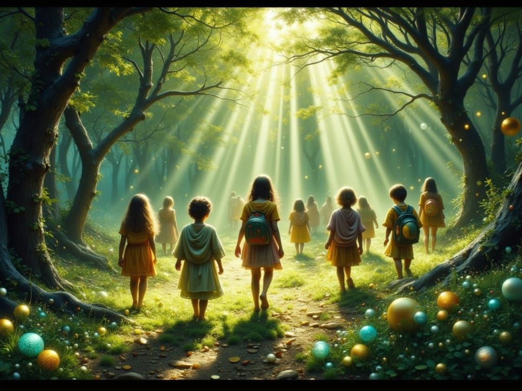 Children Discover Glowing Runes in Enchanted Grove
