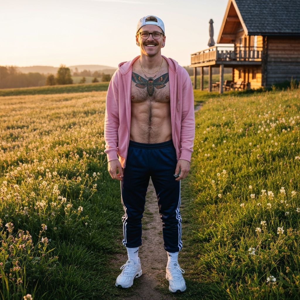 Athletic Man with Tattoo Standing in Spring Meadow