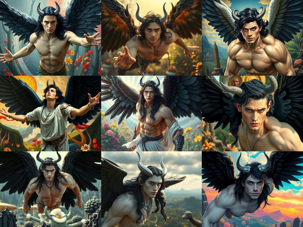 Ethereal Angel with Silver Horns and Wavy Black Hair Soars O...