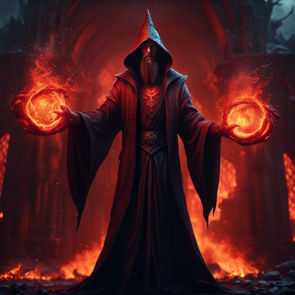 Dark Evil Wizard Summoning Fire, Detailed Matte Painting