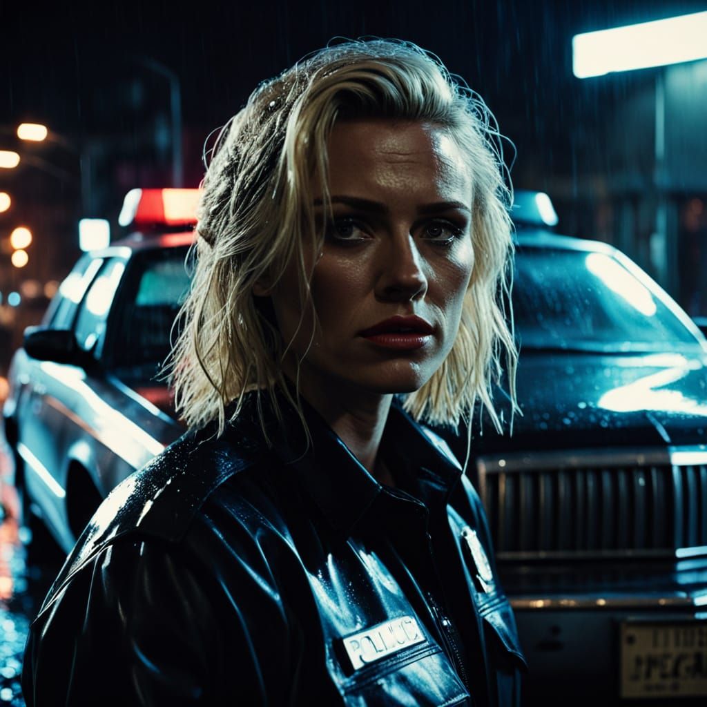 Noir Film Still of Blonde Policewoman in City