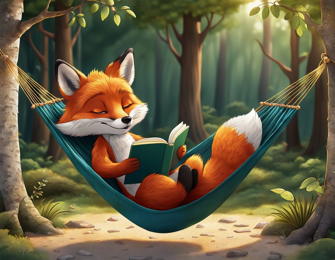 Cartoon Fox Relaxing in Hammock Reading Book