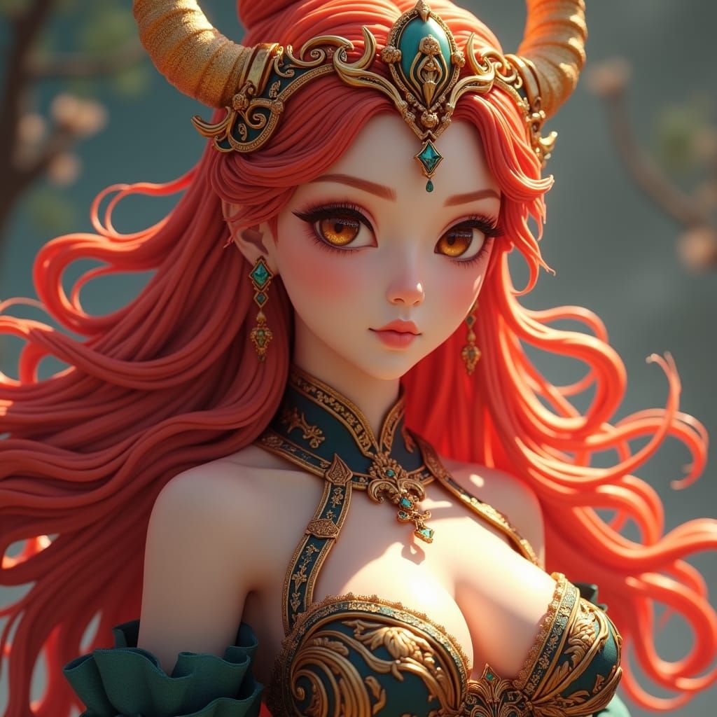 Fantasy Queen with Red Hair in 3D Anime Art