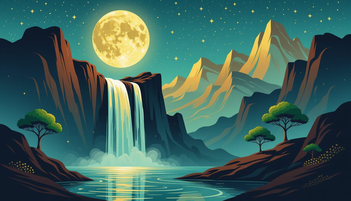 Surreal Moon Waterfall Over Dark Cliffs