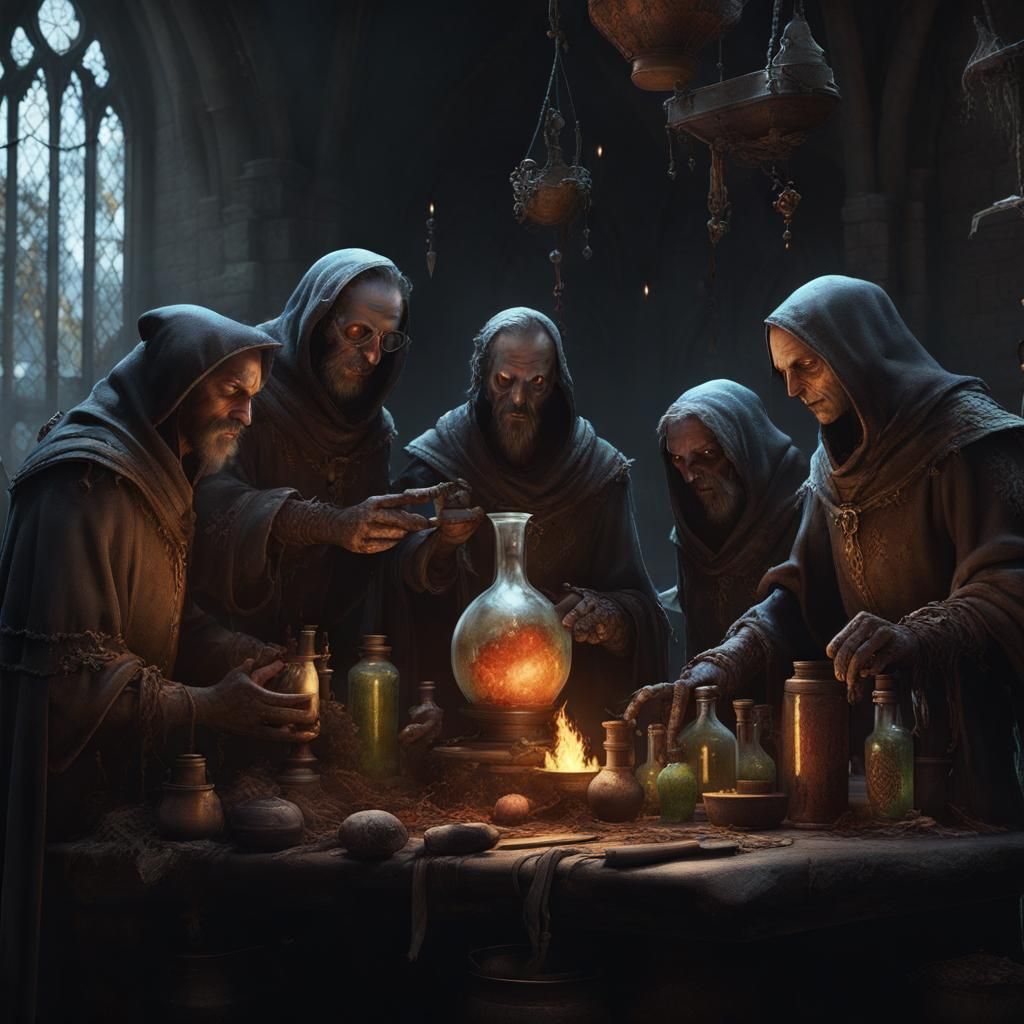 Medieval Necromancers Brewing Potions in Dark Fantasy Style
