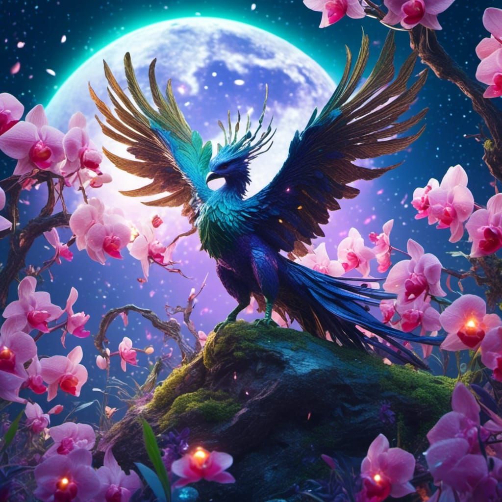 Phoenix in Starry Night Surrounded by Orchids