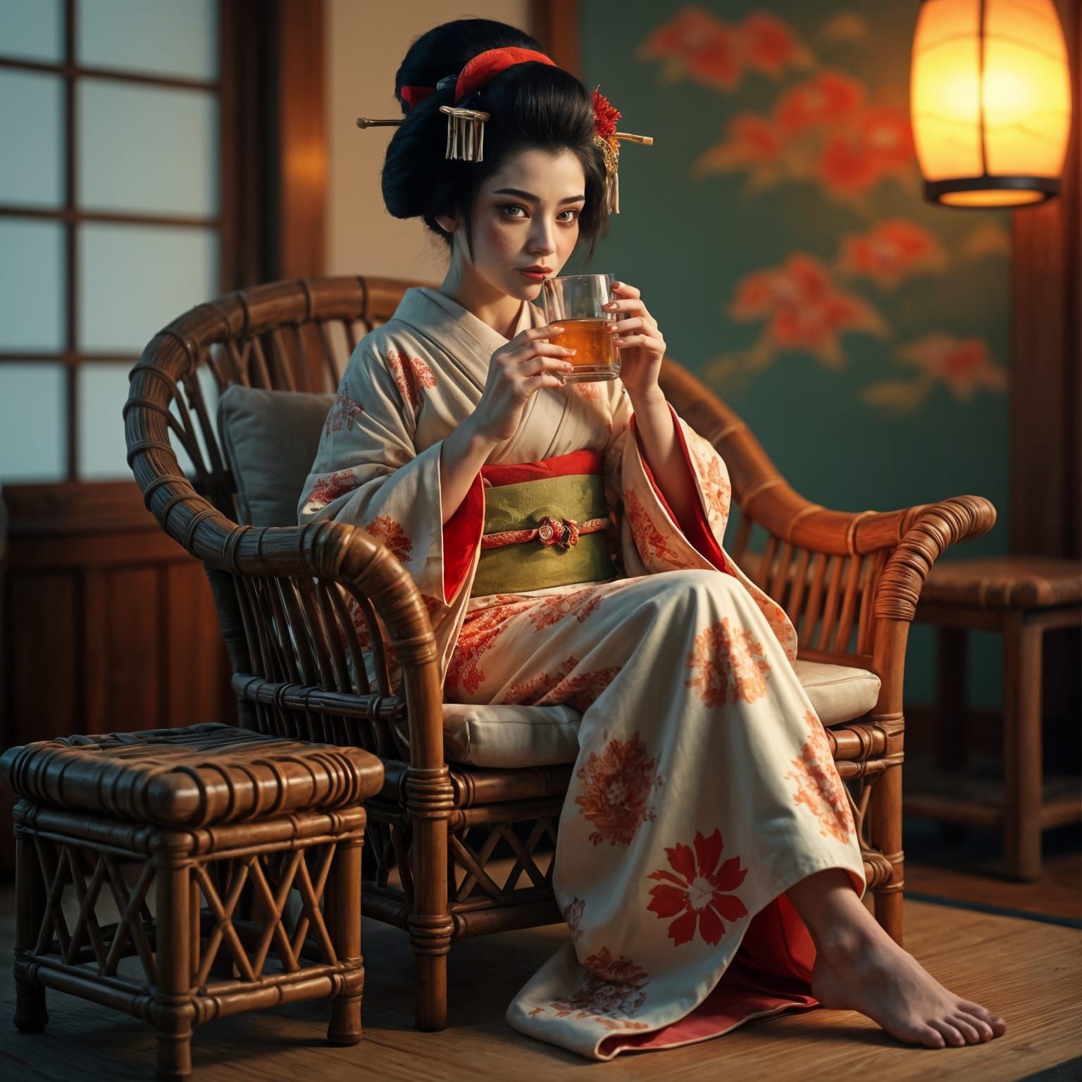 Geisha Relaxing in Kimono with Saki