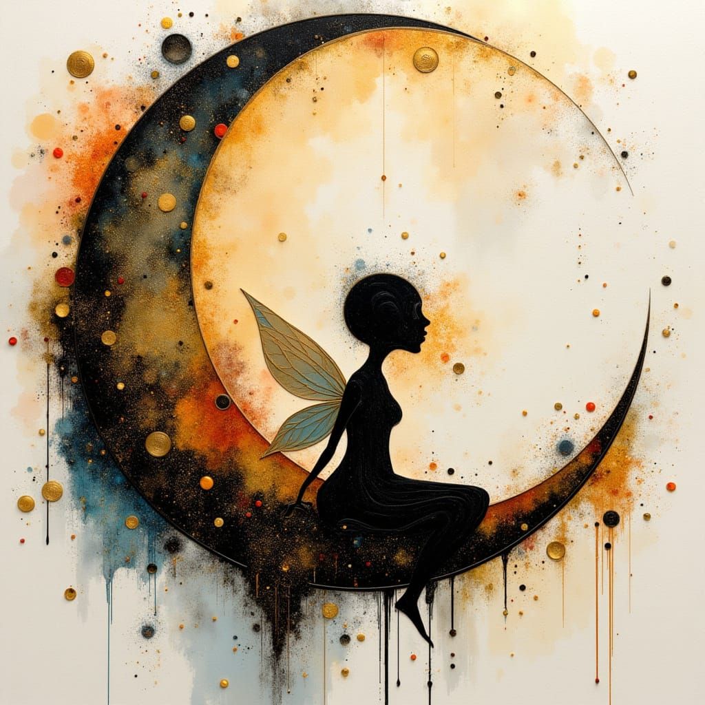 Pixie on Moon in Vibrant Alcohol Ink Style
