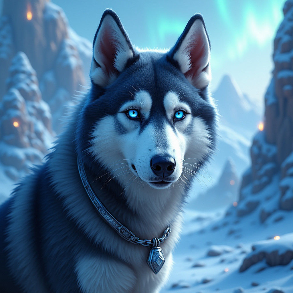 Husky with Blue Eyes in Aurora Landscape