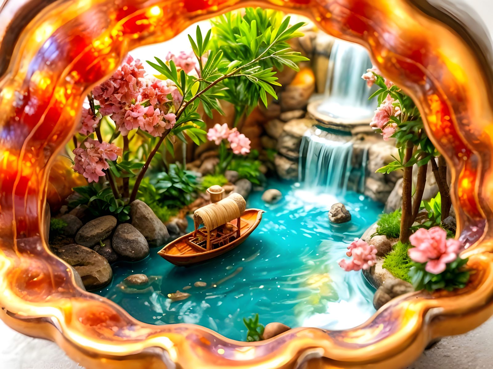 Vibrant Isometric Shell Scene with Lush Oriental Boat