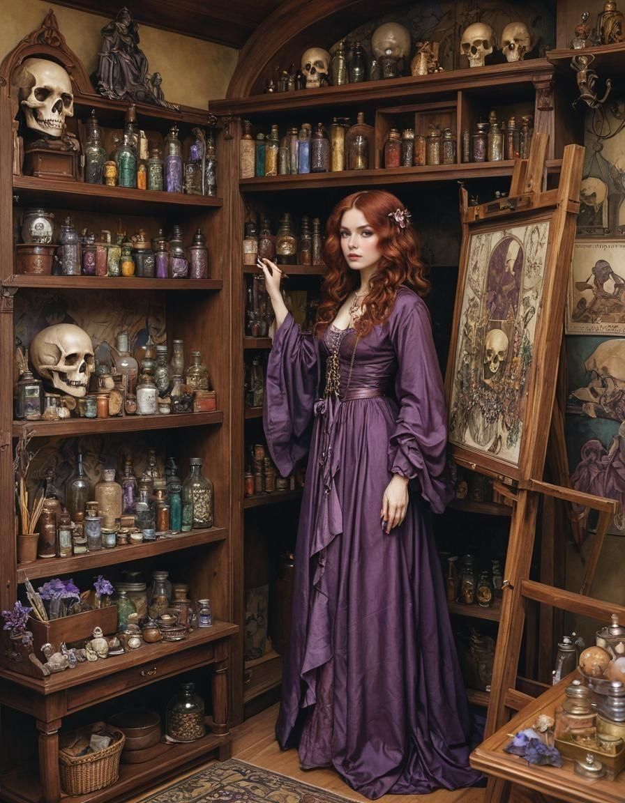 Ornate Witch's Studio Inspired by Arthur Rackham