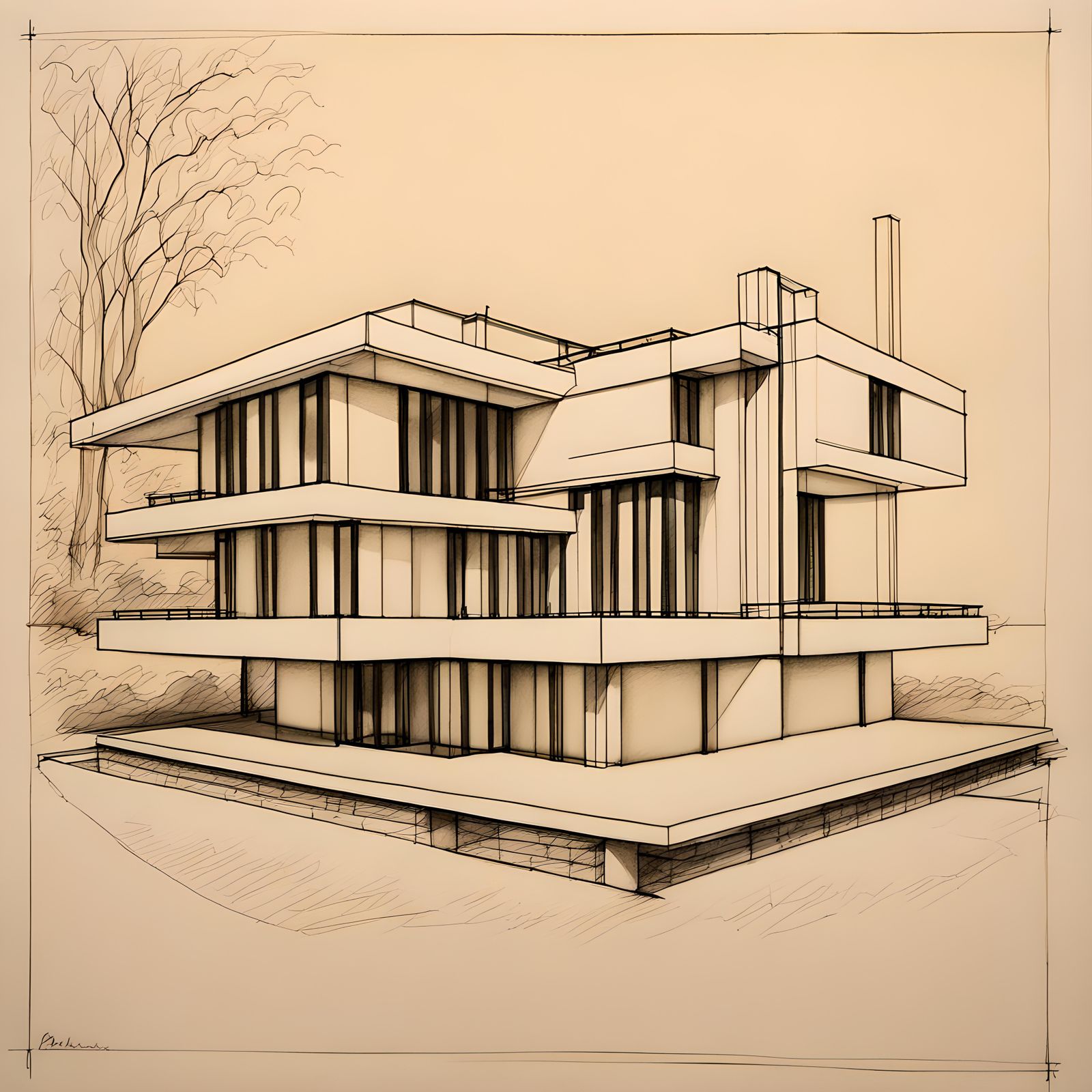 Bauhaus Villa Architectural Sketch in Ink