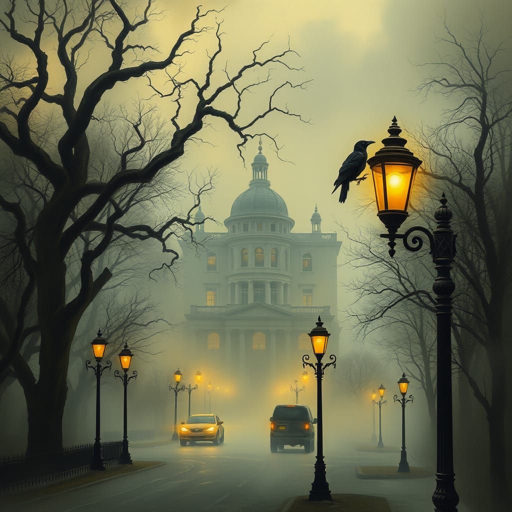 Surreal Washington D.C. Street Scene in Dark Oil Painting St...