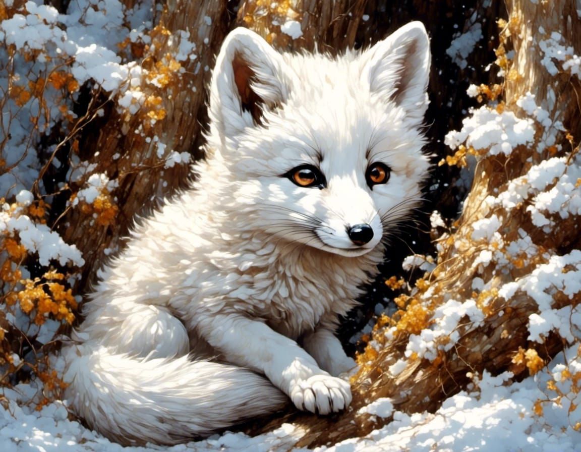 Adorable White Snow Fox Kit in Hyperreal Detail