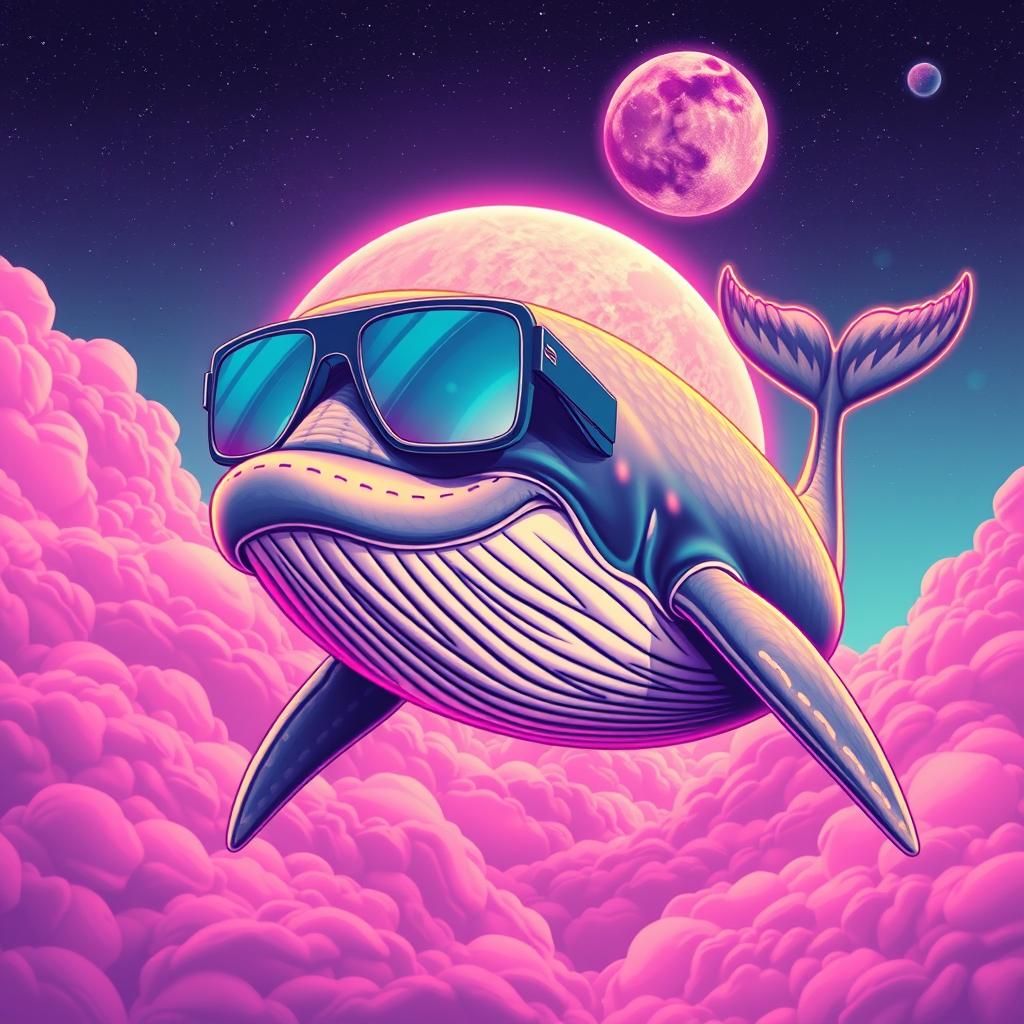 Synthwave Whale with Sunglasses in Vaporwave Style