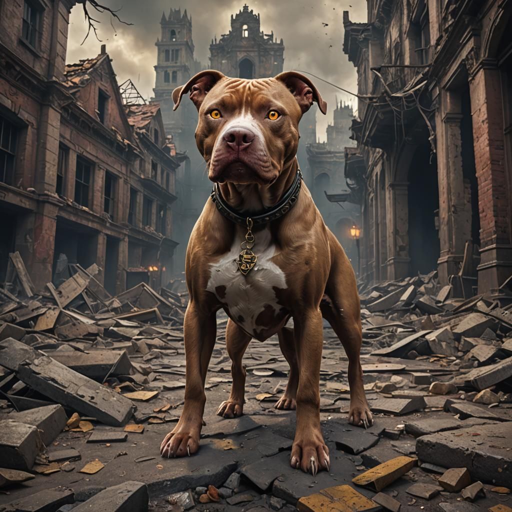 Demonic Golden-Eyed Pitbull in Ruined City