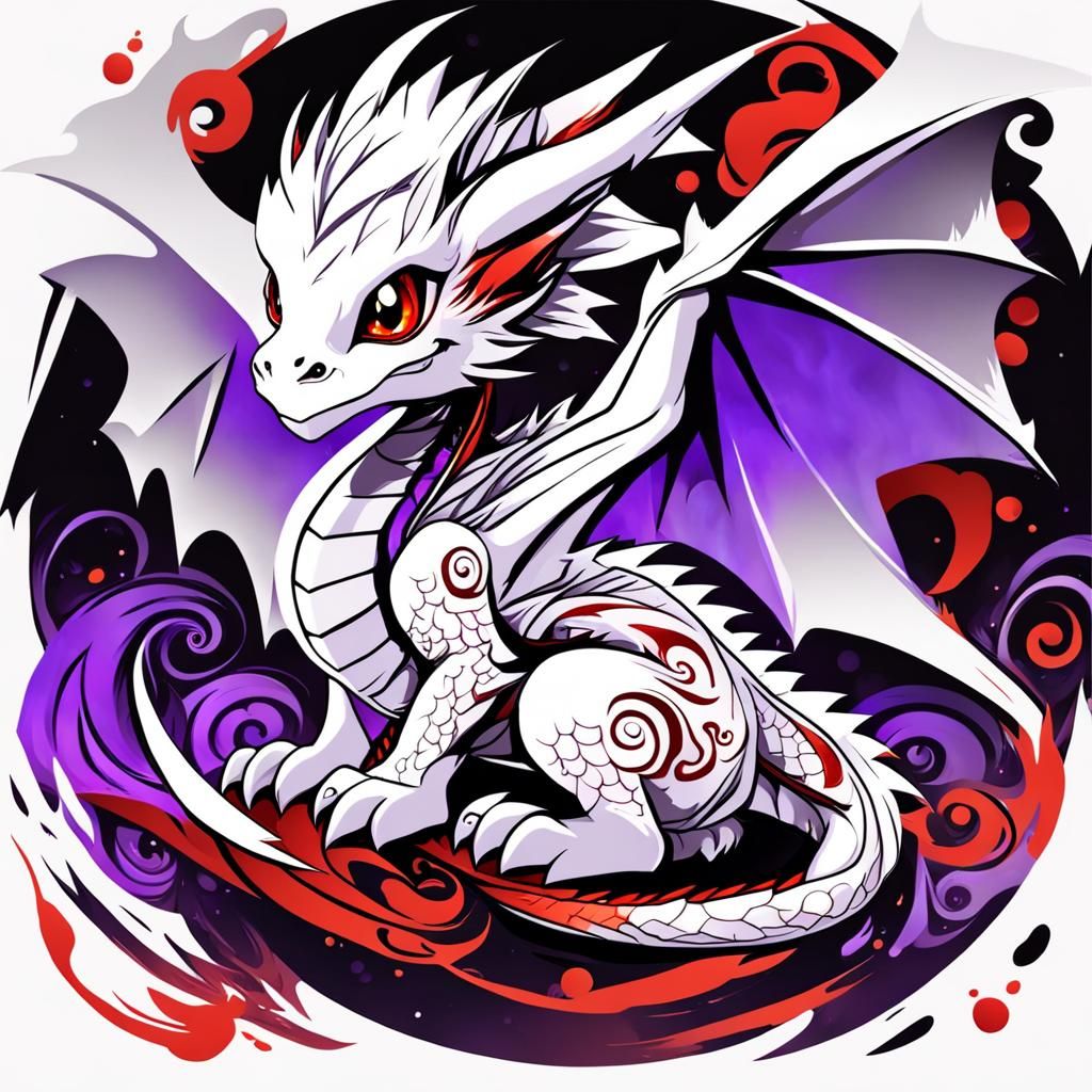 Chibi White and Red Dragon in Anime Style