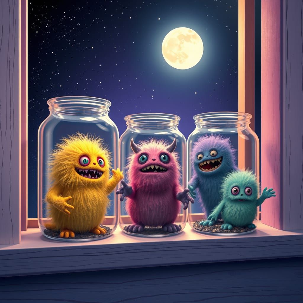 Pastel Fur Monsters in Jars, Whimsical 3D Render