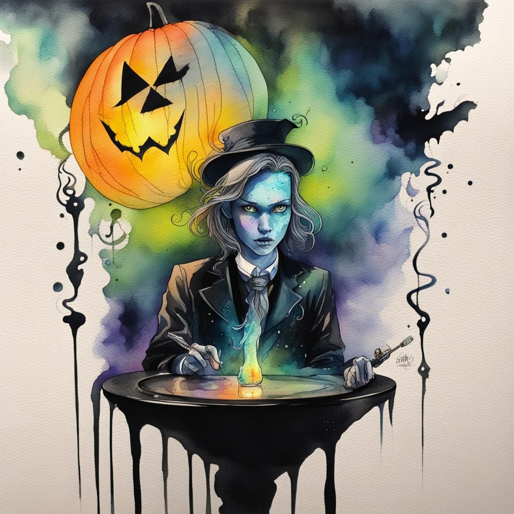 Ethereal Trickster in Watercolor Ink Splash Art