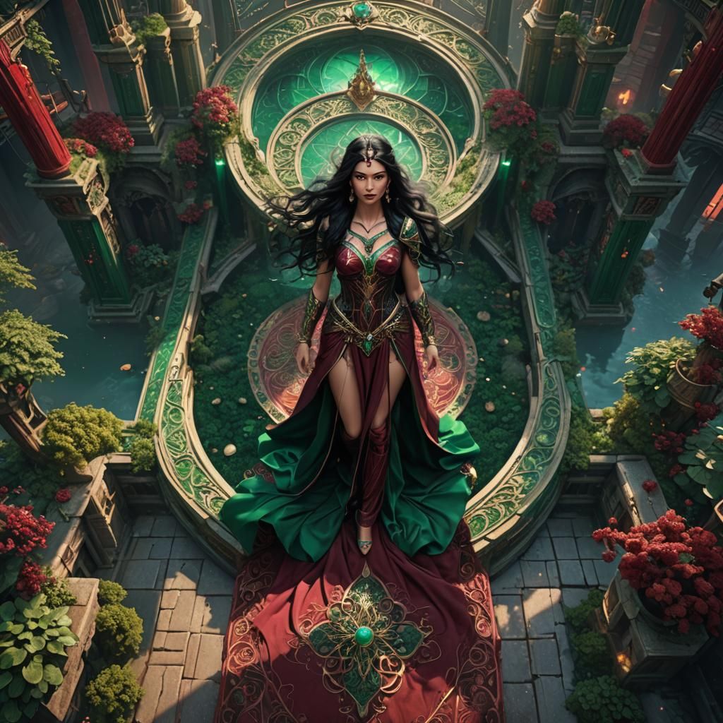 Goddess in Berry and Emerald Fantasy Landscape